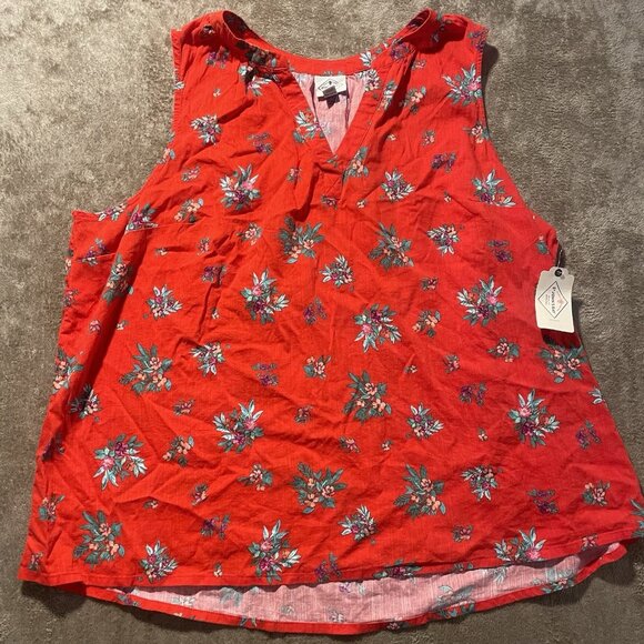NWT St. Johns Bay Tank Top Womens 2X Red Floral Split Neck Tunic Sleeveless - Picture 1 of 6